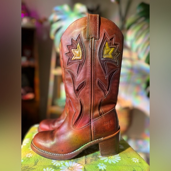 Frye Shoes - Frye Brown Leather Western Heeled Boots with Yellow Stitching